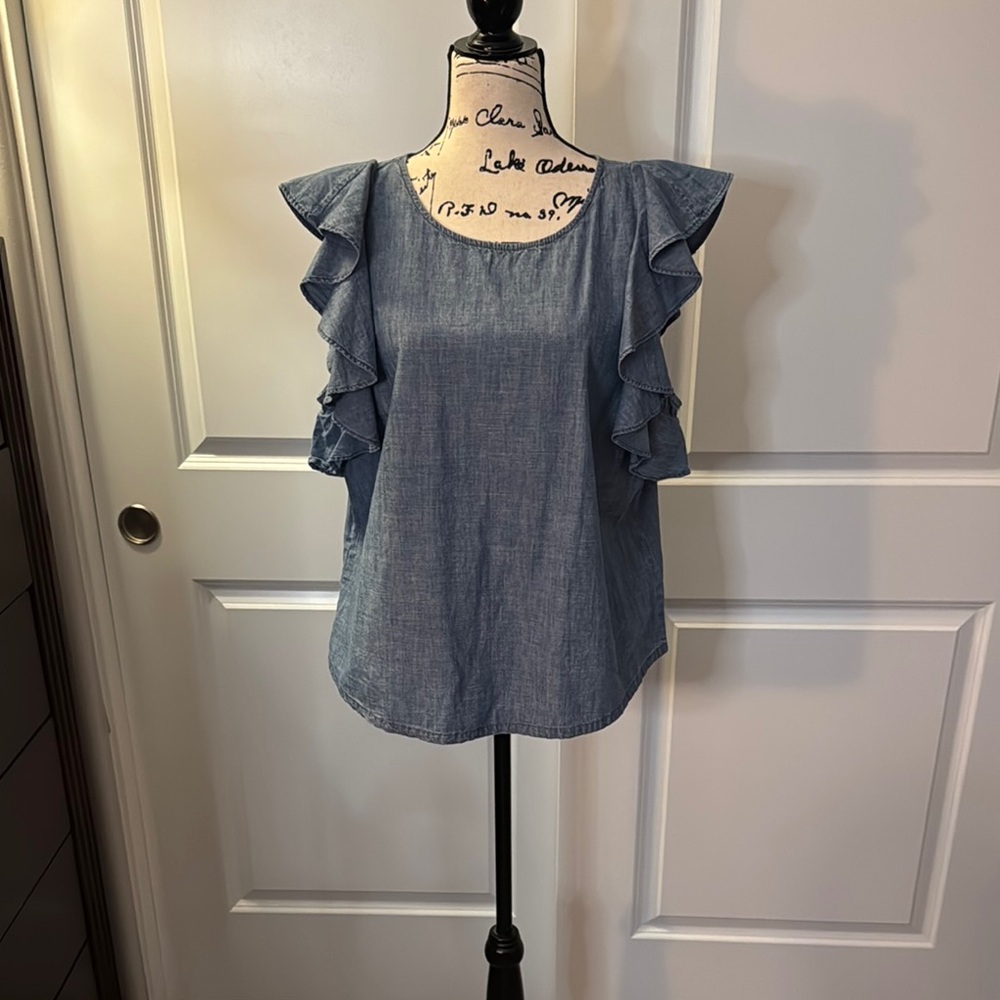 J. Crew Chambray Ruffled Blouse